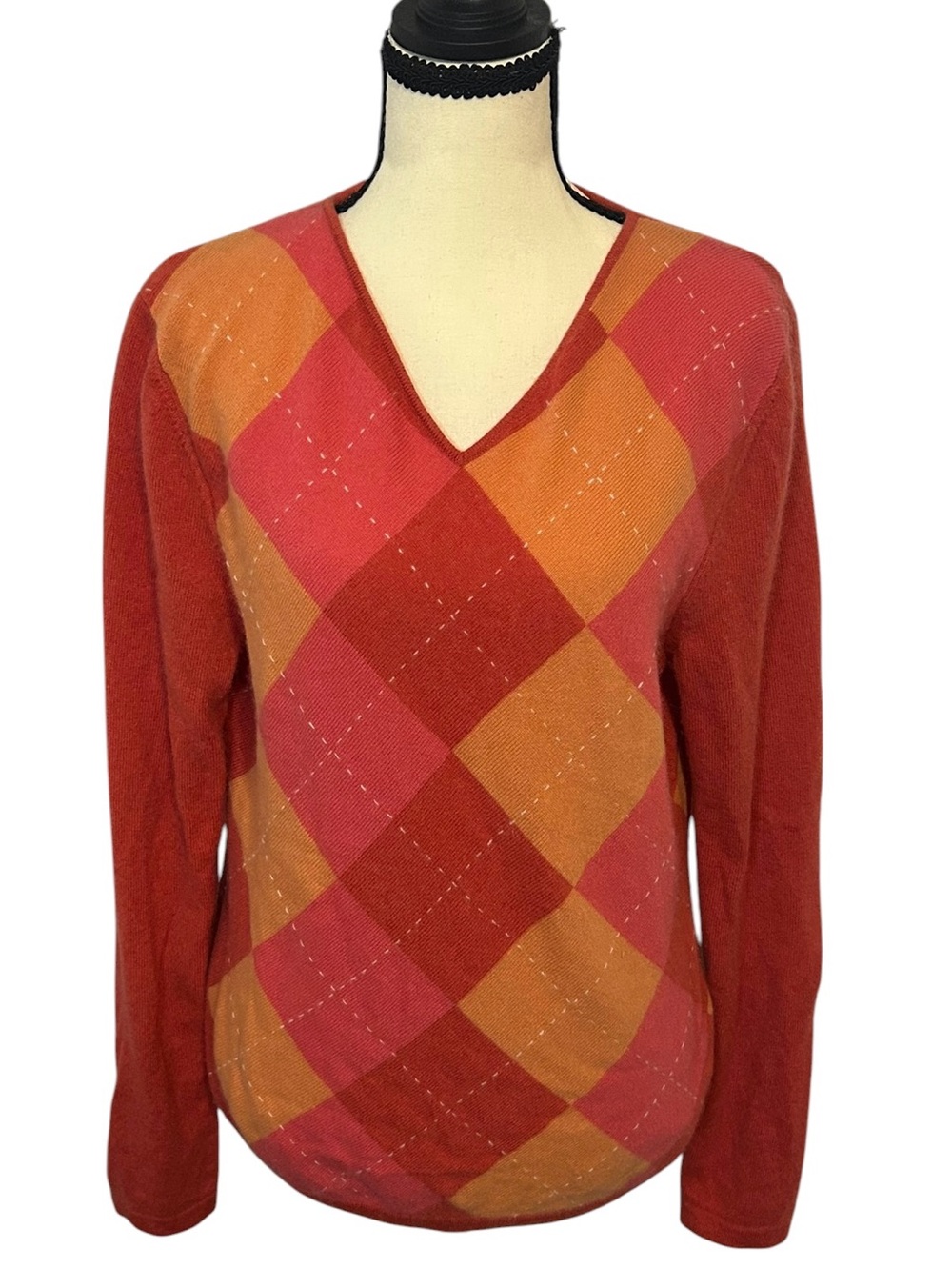Charter Club 2 Ply Cashmere V-Neck Argyle Sweater in Coral Orange Pink Sz L